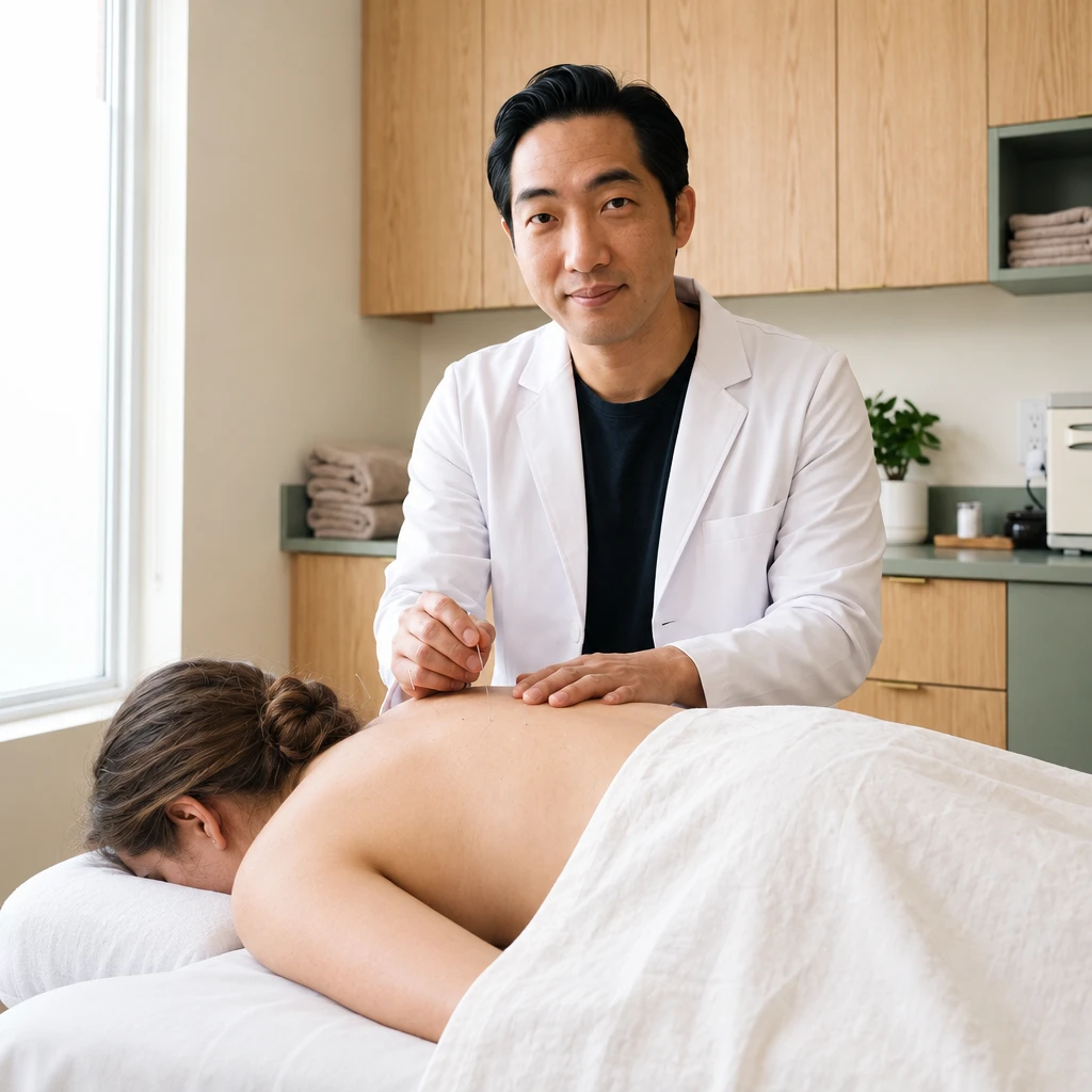마이바디스토리 치료실에서 침술사가 성인 여성 환자의 등 상부에 침을 놓는 모습